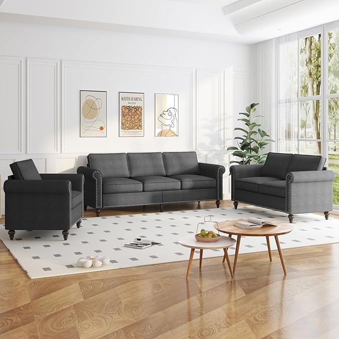 PUREMIND 3 Piece Living Room Sets Furniture Sectional Couch and Loveseat and Armchair Set Modern 3 Seater Sofa + 2 Seater Couch+ Accent Chair Furniture Set for Living Room