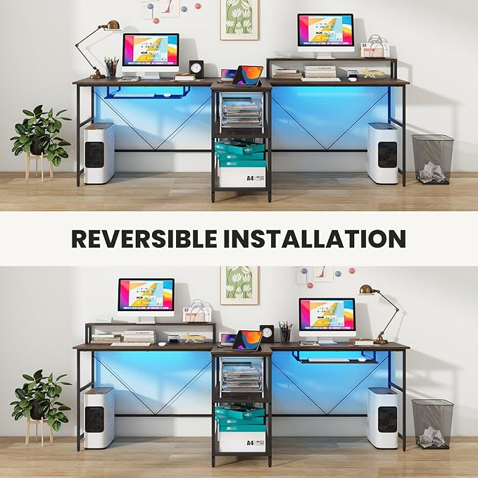 Tangkula 2-Person Reversible Computer Desk with LED Lights 94.5” Long Office Desk with Power Outlets Monitor Stand Keyboard Tray &amp 2 Storage Shelves Double Desk for Gaming Working Writing (Wal