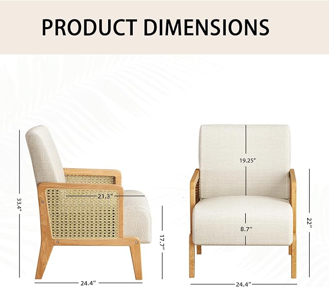 Modern Accent Chair with Rattan Armrest Linen Fabric Arm Chair with Ash Wood Legs White Accent Chair for Living Room Bedroom Balcony