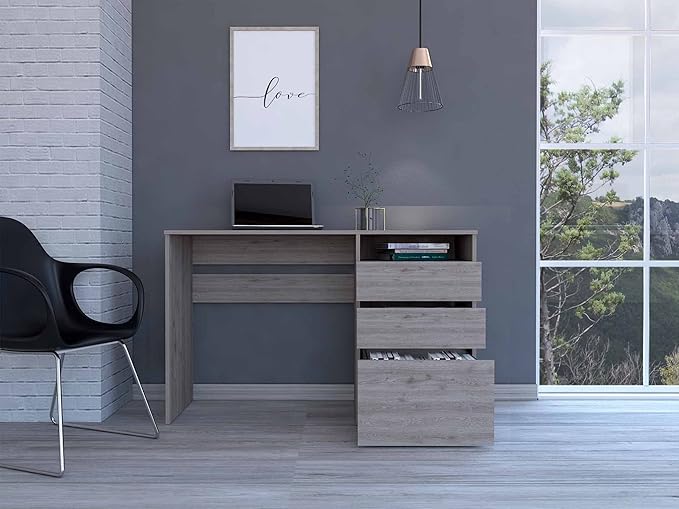 Kaimei Light Grey Computer Desk 3-Drawer Desk with Shelf Modern Home Office Desk for Small Spaces