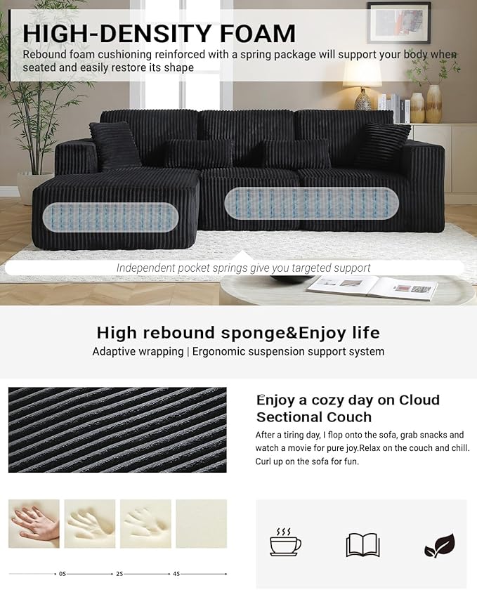 110 Inch Cloud Sectional Couch Modular Sectional Sofa with Deep Seat Corduroy Upholstered Boneless Couch for Living Room Bedroom Left Facing Chaise No Assembly Required (Black)