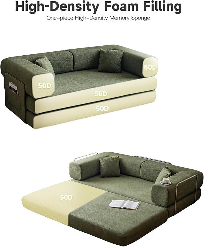 No Assembly Convertible Sofa Bed &amp 79 Boneless Couch with Pocket  5-in-1 Futon Sofa Bed with 2 Pillows Modular Pull Out Couch Bed with FrameCompression in Box for Living Room Small Spaces Green