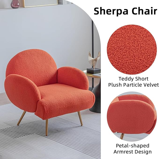 Orange Accent Sherpa Chair Comfy Boucle Chair for Reading Bedroom Living Room with Golden Metal Legs Teddy Tufted Backrest Sofa Armchair Side Chair