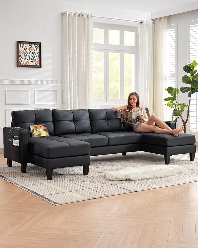 TYBOATLE 116’’ W Black Faux Leather Sectional w/USB and Cup Holders for Living Room Comfy Tufted U Shaped Sofa Couch w/Chaise Lounge Office Leather Sofa for Bedroom