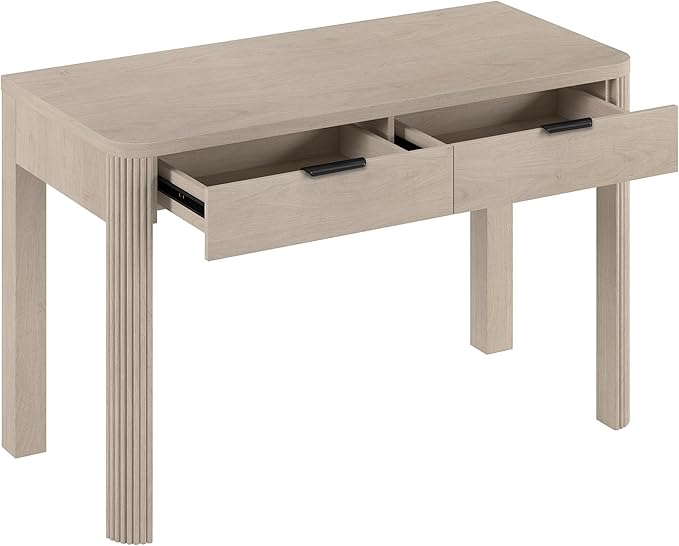 Henn&ampHart 48 Fluted Modern Rectangular Wooden Home Office Desk Computer Desk Writing Table with Ribbed Legs and 2 Storage Drawers for Bedroom Living Room or Home Office Beech White
