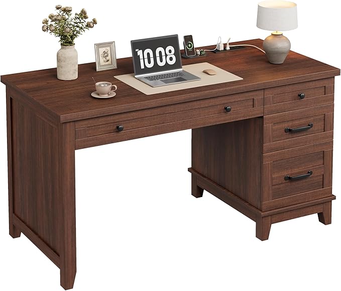 IDEALHOUSE Rustic Wood Double Desk with Built-in Charging Station &amp 4 File Drawers Spacious 2-Person Writing Table for Home Office Heavy-Duty Dual Workstation for Study &amp Work Brown