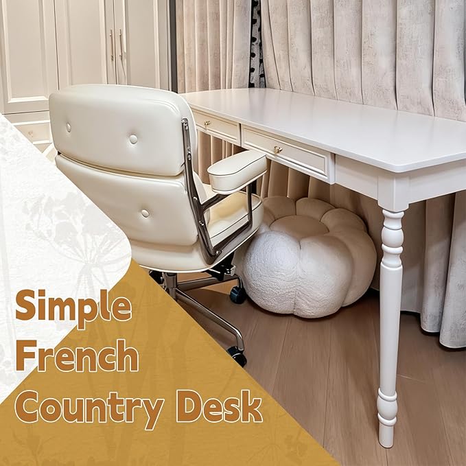 Solid Wood French Country DeskWriting Desk with Storage DrawersFarmhouse Computer Table Makeup Table Modern Simple Stylefor Home Office Living Room Study Workspace Bedroom (White 47.2IN)
