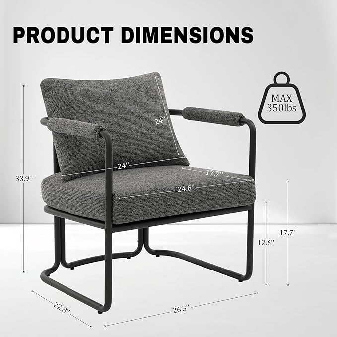 Single Accent Chair for Living Room Mid Century Modern Upholstered Reading Armchair for Bedroom Office with Comfy Chenille Cushion &amp Metal Frame Dark Grey