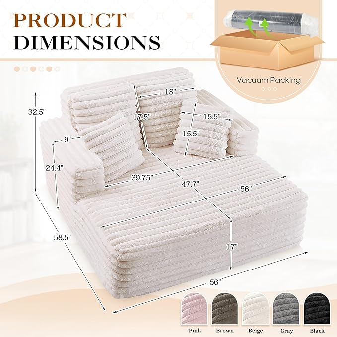 Chaise Lounge Chair Indoor Comfy Corduroy Plush Fluffy Foam Floor Compression Sofa Chair Leisure Reading Single Sleeper Chaise Chair for Living Room Bedroom Office Pillows Included (Beige)