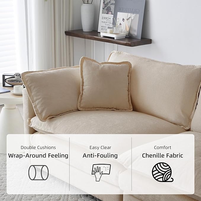 111.5 Modular Sectional Sofa U Shaped Deep Seat Cloud Couch with OttomanConvertible 3-Seater Comfy Chenille Upholstered Sofa Set for Living Room Apartment Studio – Light Coffee