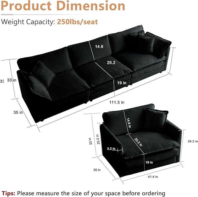 mikibama Luxury 3 Piece Sofa Set 2 Pieces of Single Sofa and 1 Piece of 3 Seater Sofa Modern Chenille Comfy Cloud Couches Set with 7 Pillows for Living Room Office Black
