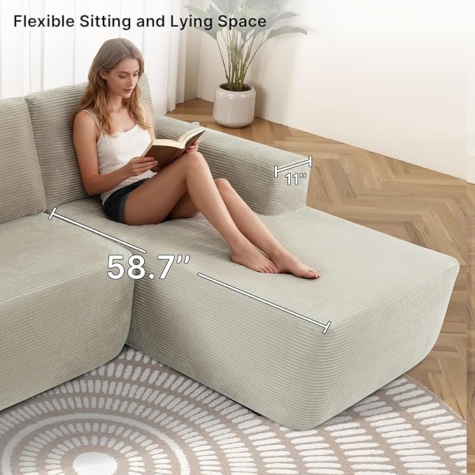 105 L-Shaped Boneless Couch Cloud Sectional Couches for Living Room Corduroy Sleeper Sofa with Chaise Modular Sectional Sofa Bed No Assembly(CamelRight)