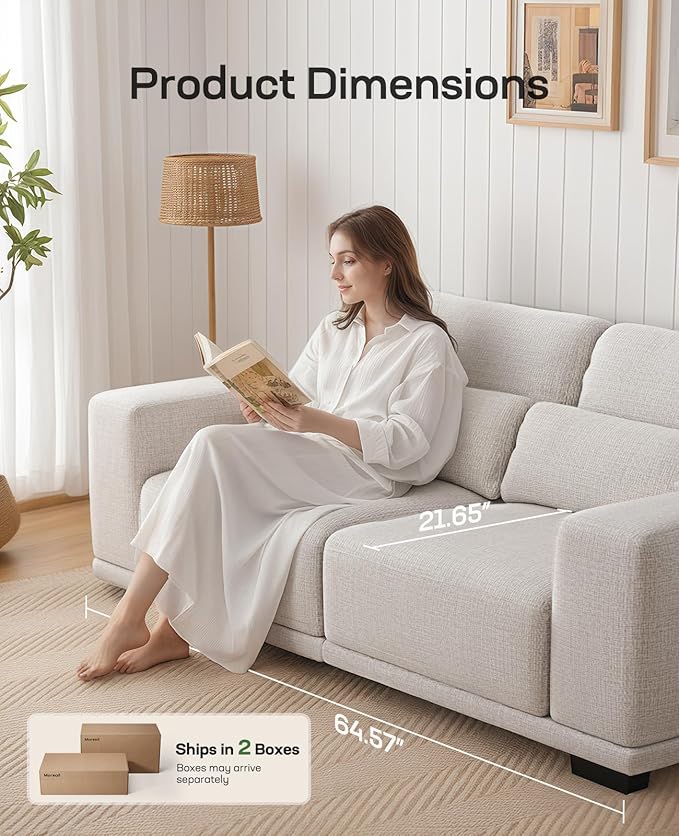 Marsail 65” Sofa 2-Seater Modern Upholstered Couch with Deep Seats Comfy Linen Loveseat for Living Room Bedroom Office Apartment Cream White