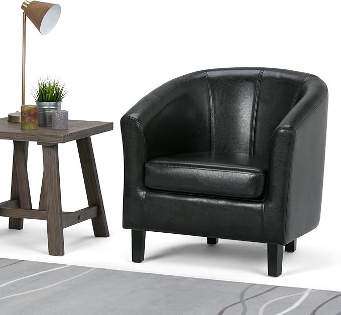 SIMPLIHOME Austin Tub Chair - 30 inch Wide Upholstered Faux Leather Contemporary Accent Chair in Black for Living Room or Office with High Arms Removable Cushion and Wraparound Back Design
