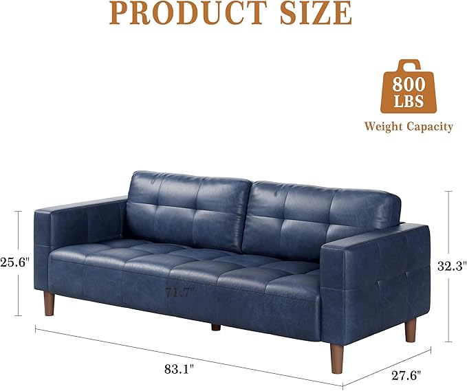 GAOMON 83 Inches 3-Seater Sofa Couch Faux Leather Couch with Back Cushion Waterproof Wide Arm Sturdy Support Feet for Office Living Room Bedroom Blue