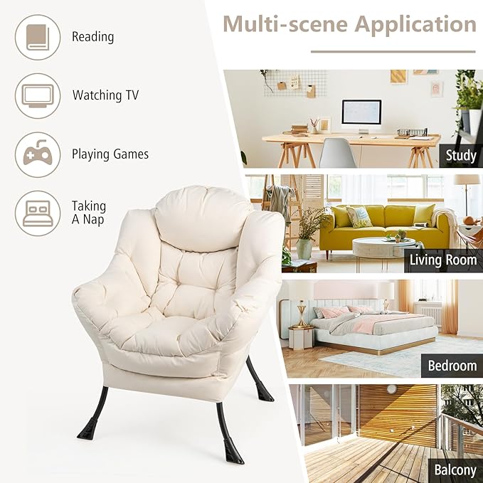 GORELAX Lazy Chair with Ottoman Modern Accent Chair w/Armrests &amp Side Pocket Upholstered Lounge Sofa Chair &amp Folding Footstool Set Reading Chair for Bedroom Living Room Dorm Room (Beige)