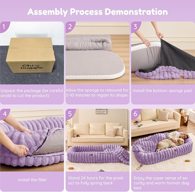 Human Dog Bed for Adult - Luxury Striped Faux Fur Giant Dog Bed with Portable Handle Egg Orthopedic Foam Pad with Thick Blanket 72x40x10 Purple