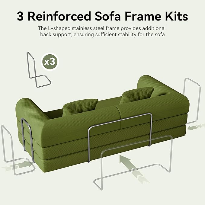 79 Folding Convertible Sofa Bed Boneless Couch for Living Room with Pull Out Bed ‌Convertible Sleeper Sofa Bed with Pillows - Corduroy Upholstered Modular Futon Couch for Bedroom Lounge (Green)