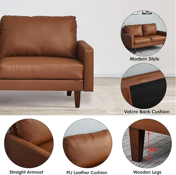 Faux Leather Loveseat Mid-Century Modern Sofa with Wooden Legs for Living Room Office-Brown
