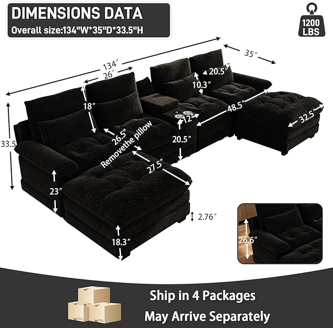 134U Shaped Sectional Couches for Living Room Oversized Modular Sectional Fluffy Couch with 2 Ottoman &amp Storage ConsoleModern 6 Seat Living Room Sofa with Glitter FabricTufted Buttons Black