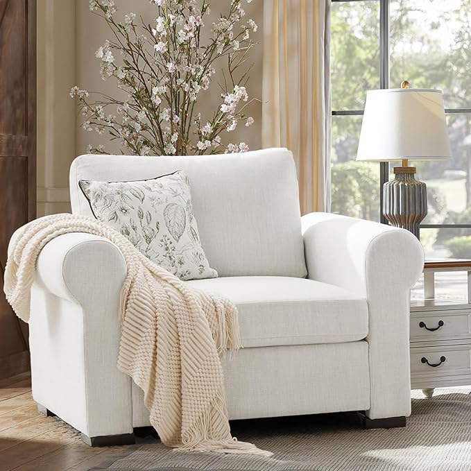 ELUCHANG Oversized Accent Chair Linen Fabric Modern Chair with Deep &amp Wide Seat Washable Covers Comfy Upholstered Large Chair Armchair Sofa Chair Reading Chair for Living Room Bedroom Office I