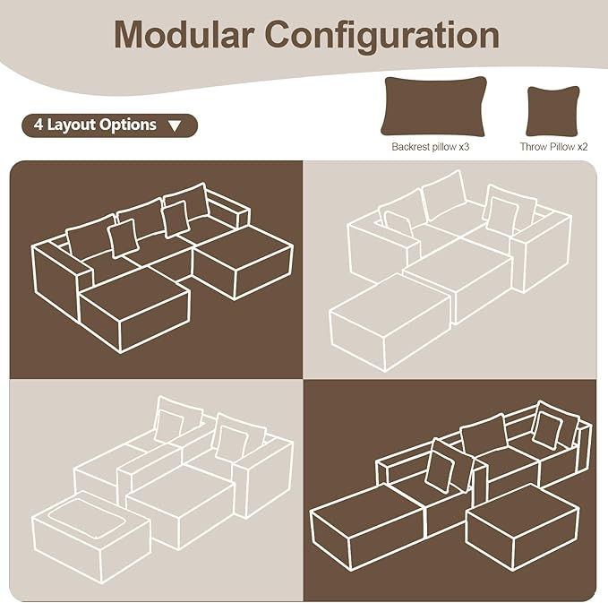110 Boneless Couch with 2 Ottomans Corduroy U-Shaped Modular Cloud Sofa with Deep Seats Ergonomic Memory Foam Couches for Living Room No Assembly Sectional Sofas 5 Seater Black