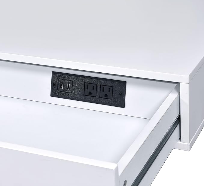 White High-Gloss Writing Desk with USB Port &amp Chrome Accents - Modern Home Office Desk