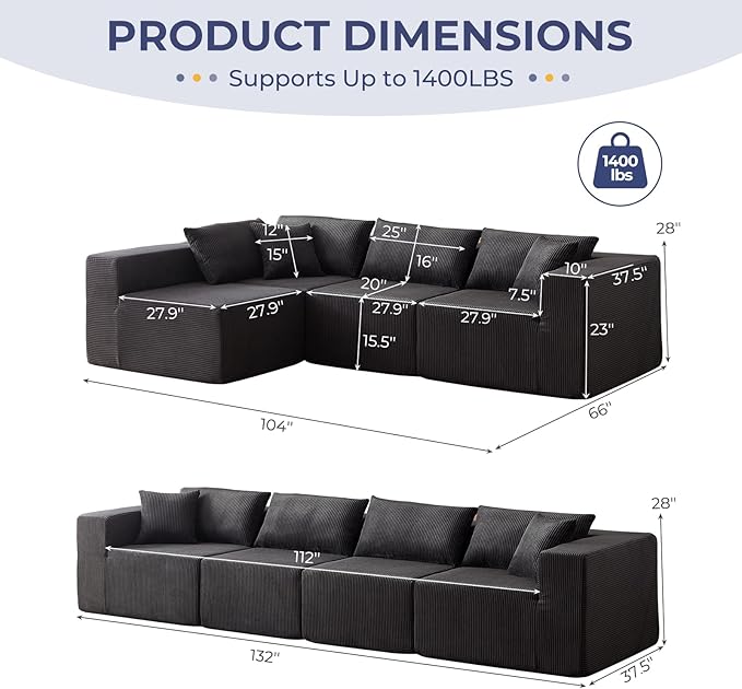 104 Corduroy Modular Sectional Viral Cloud Couch with ChaiseCloud Sectional L-ShapedSofa Bed for Living RoomMemory Foam Compressed Boneless Couches in a BoxNo Assembly RequiredBlack