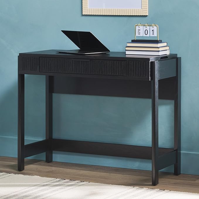 Walker Edison Transitional Style Furniture Reeded Detail Lift-Top Desk with Drawer and Storage Cubby Sitting to Standing Desk Soft Self-Close Desktop 38 Inch Black