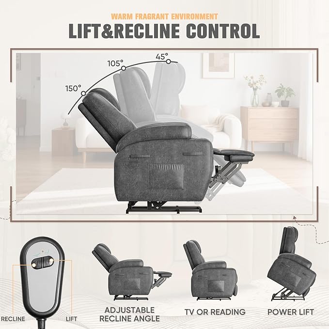 Flamaker Power Lift Recliner Chair Electric Lift Recliner for Elderly Power Lift Recliner Chair with Cup Holders Side Pockets for Living Room (Leathaire Light Black)
