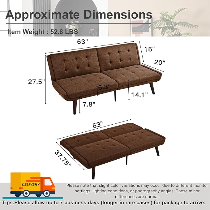 63 Loveseat Sofa Convertible Sofa Bed 5-Position Adjustable Backrest Sleeper Chair Guest Bed for Studio Apartment Basements Cabins Dorm Brown.