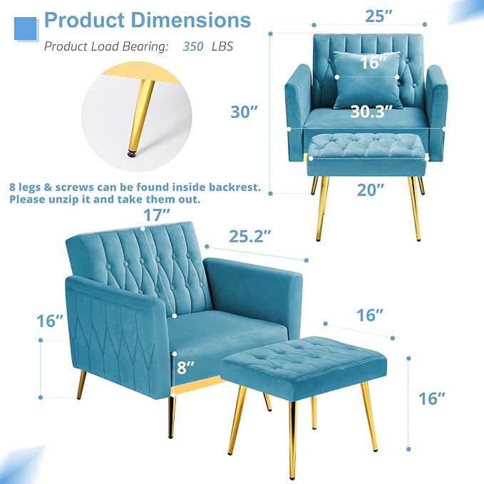 2 Pieces Velvet Sofa Set with Adjustable Armrest and Backrest 70” Convertible Futon Sofa Bed &amp Mordern Accent Chair with Ottoman for Living Room Bedroom Baby Blue