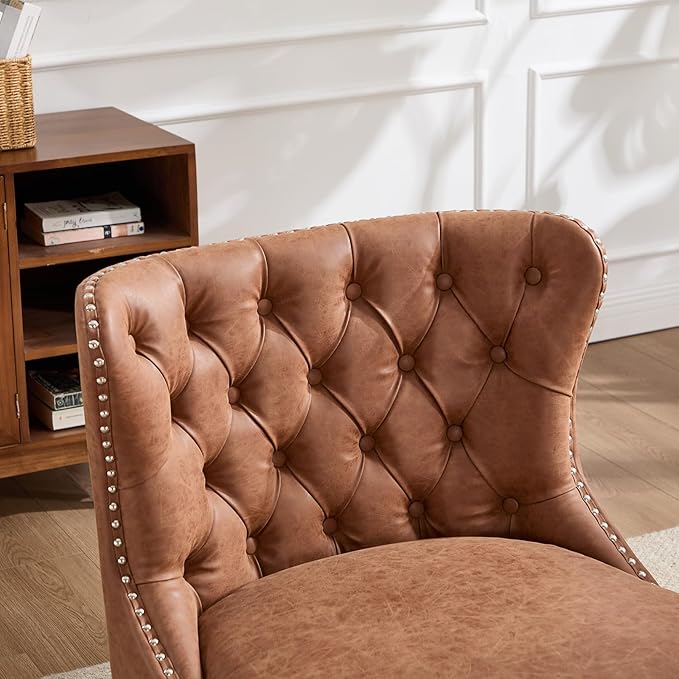 Kmax Accent Chairs Set of 2 Leather Slipper Chairs with Button Tufted Wingback Armless Living Room Chairs with Nails Modern Side Chairs for Bedroom Reception Small Space - Pu Brown Black Legs