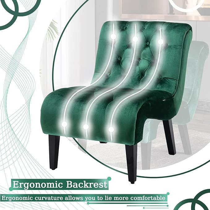 Green Velvet Armless Accent Chair Set of 2 Upholstered with Tufted Back and Rolled Edge Design Comfy Reading Chair with Solid Wooden Legs Easy Assembly
