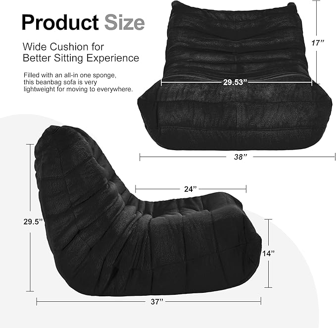 Bean Bag Chairs for Adults Giant Bean Bag Chair Memory Foam BeanBag Chair Bean Bag Sofa with Filler Faux Fur Fireside Beanbags Lazy Sofa for Living Room Bedroom Office (Black Plush Single)
