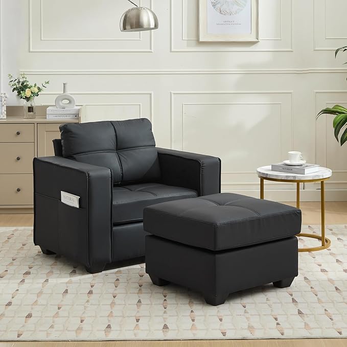 TYBOATLE Oversized Wide Accent Chair with Ottoman Wide Chaise Lounge Chair Indoor Mid Century Modern Armchair with Pockets Leather Comfy Chairs for Bedroom Living Room Office (Black)