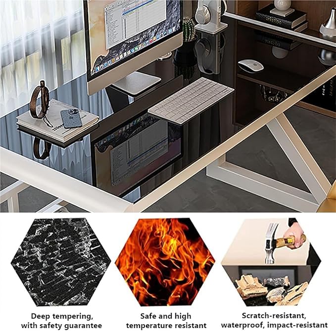 Tempered Glass Computer Desk Home Office Desk Gaming Desk Writing Study Table Workstation for Home Office(Blue+White Frame100CM)