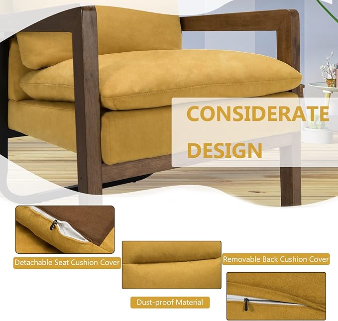 GOFLAME Mid-Century Accent Sofa Chair Modern Linen Fabric Armchair with Extra-Thick Padded Backrest and Seat Cushion Single Sofa Chair for Living Room Bedroom Office Guest Room Yellow