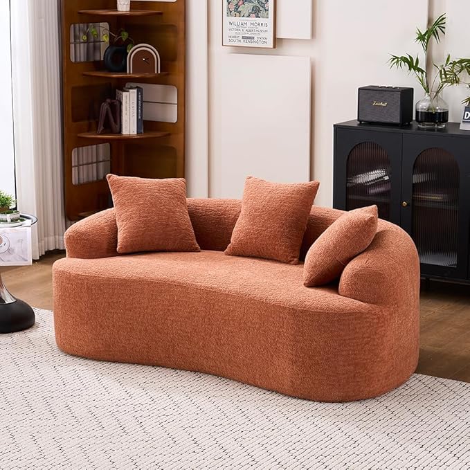 Curved Loveseat Sofa Couch for Living Room 65’’ Modern Comfy Cloud Floor Couch Round Sofa Full Sponge Compression Sofas with Deep Seat for Small Spaces Apartment No Assembly Needed Chenille Orange