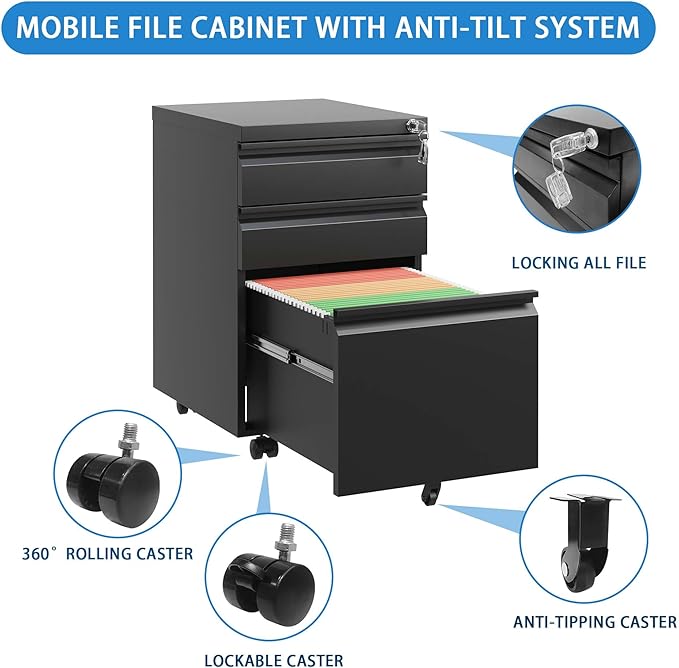 3 Drawer Small File Cabinet with Lock Under Desk Locking Storage Cabinet Organizer for Home Office Filing Fully Assembled Mobile Metal DrawersBlack