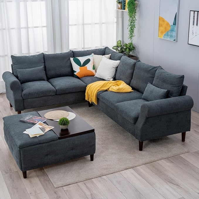 Panana 6 Seater Corner Sofa Modern Rolled Arms Design L Shaped Couch Settee for Living Room (Gray 6 seat L Shaped Corner Sofa)