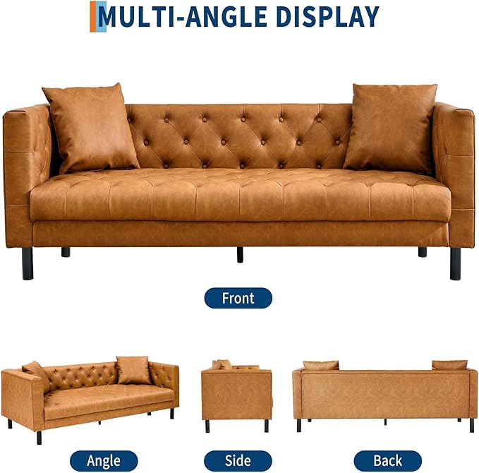 Mid Century Modern Leather Sofa 81 Inch Chesterfield Style 3 Seat Couch with Deep 26 Seats Button Tufted Upholstery Includes 2 Pillows for Living Room Apartment or Office Orange