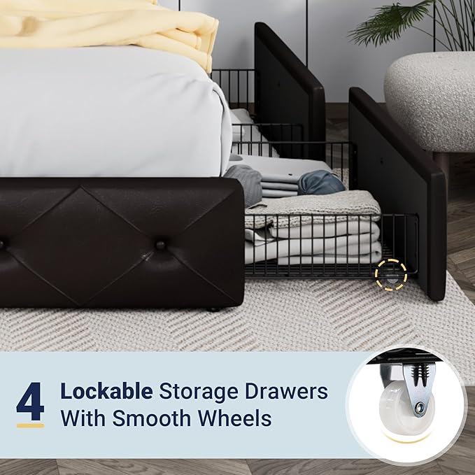Allewie Upholstered Queen Size Platform Bed Frame with 4 Storage Drawers and Headboard Diamond Stitched Button Tufted Mattress Foundation with Wooden Slats Support No Box Spring Needed Black Brown