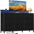 DUMOS TV Stand Dresser with 9 Fabric Drawers and Open Shelves Entertainment Center with LED Lights Charging Station for Bedroom Wood Top Media Console for 45-55 inch TV Stand with Storage Black