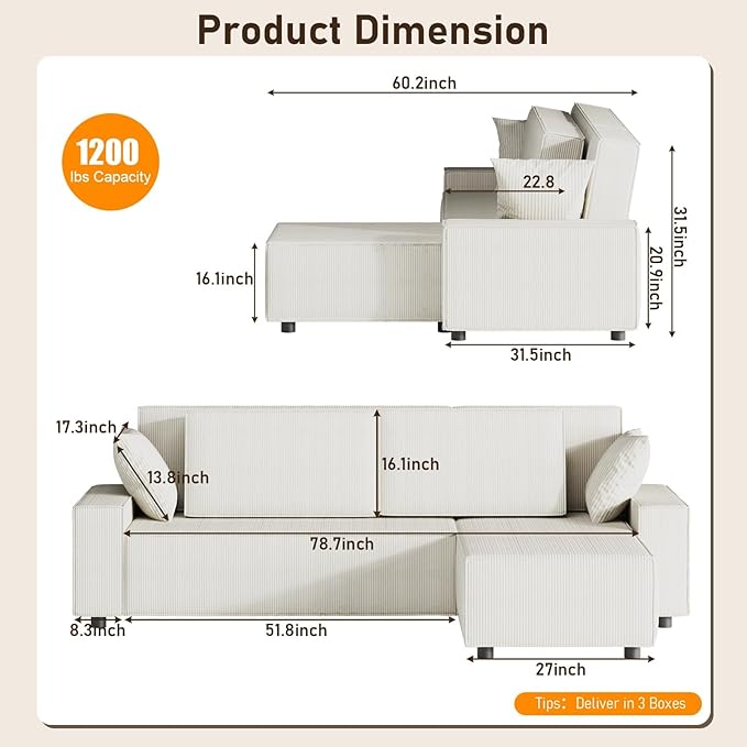 GAOMON Fine Stripe Corduroy Sectional Sofa l Shaped Modern Corduroy Couch Comfy Sofa Couch with Deep Chaise for Living Room Apartment Hotel 96 w*61 d*32 h Beige