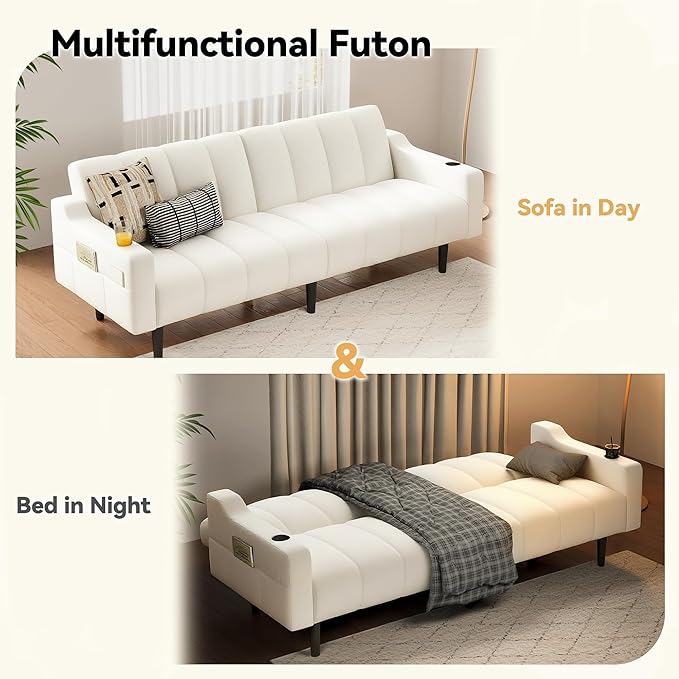 Brelice 80'' Leather Couch Futon Sofa Bed Faux Leather Couch with Adjustable Backrest 2 Cup Holders &amp Side Pockets Mid Century Modern Sofa for Living Room Bedroom Cream White
