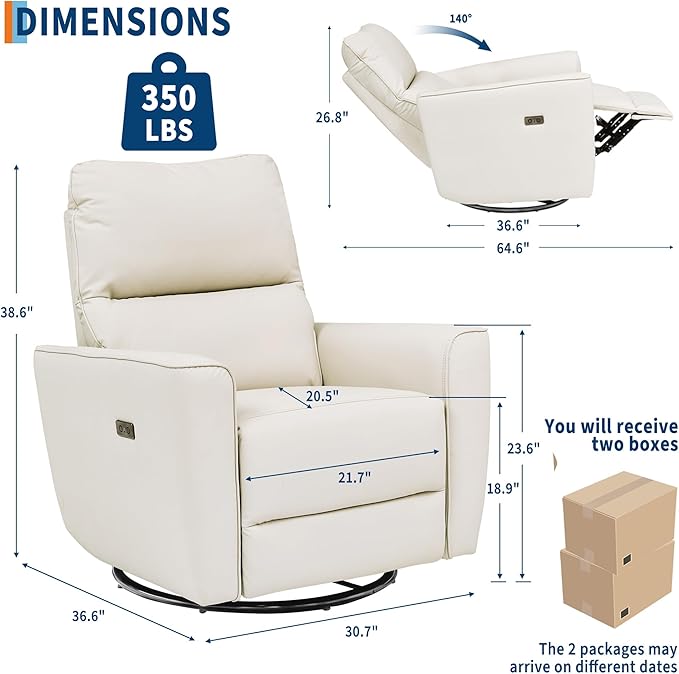GarveeHome Power Swivel Glider Recliner Chair PU Leather Nursery Electric Rocker Recliner Chair with Lumbar Support &amp USB Port for Living Room Bedroom and Nursery (White)