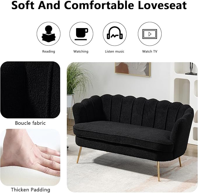 Anwick 59 Small Modern Chenille Loveseat Sofa 2-Seater Sofa with Gold Metal Legs Small Couch with Flower Shaped Back for Living Room Bedroom Office (Black)