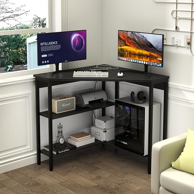 Auromie Corner Desk with Outlets &amp USB Ports 90 Degree Triangle Corner Table with CPU Stand &amp Storage Shelves for Small Space Computer Table with Charging Station for Home Office Bedroom (Bl