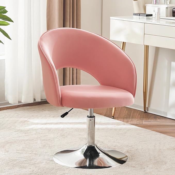 Furnimart Pink Velvet Vanity Chair Vanity Stool with Back Height Adjustable Swivel Accent Chair with Backrest Round Makeup Chair for Vanity Living Room Bedroom (Pink)